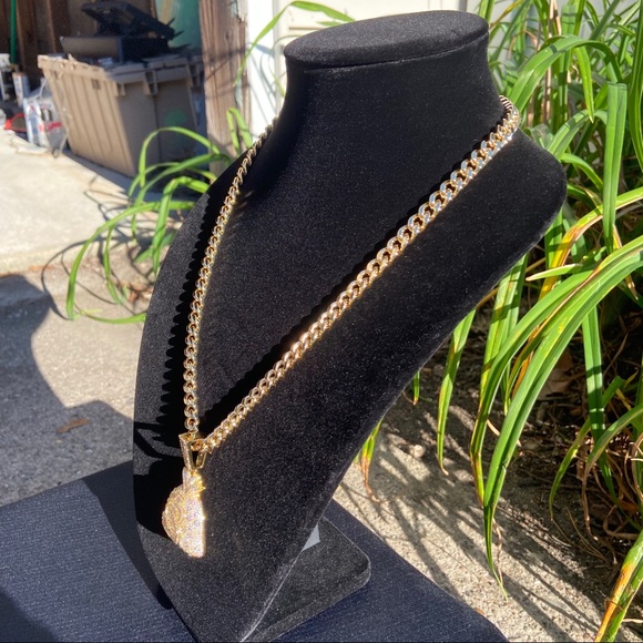 Gold Chain Cuban 8mm and Icy Money Bag Pendant Charm Set - Picture 3 of 8